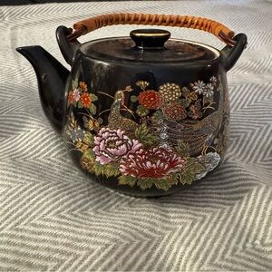 Floral Black Ceramic Teapot with Bamboo Handle